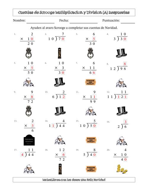 La hoja de ejercicios de Las cuentas incompletas de Ebenezer Scrooge, Multiplicacion y Division (Versión Fácil) (A) Página 2