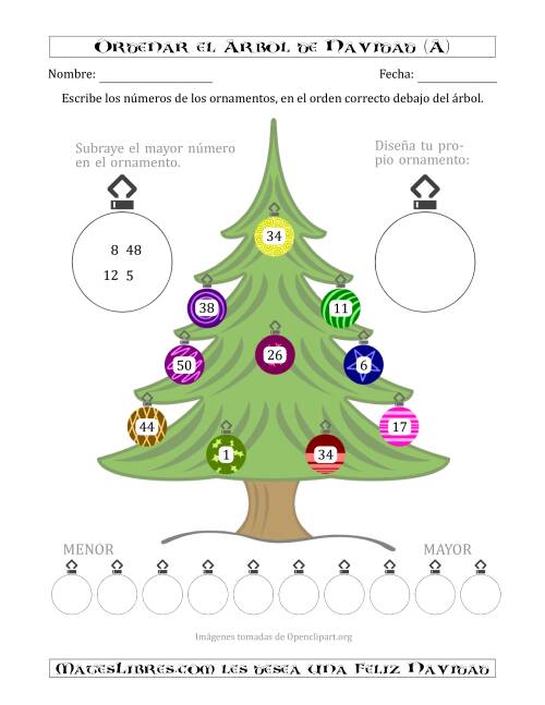 La hoja de ejercicios de Ordenar Números de 1 a 50 en un Árbol de Navidad (A)
