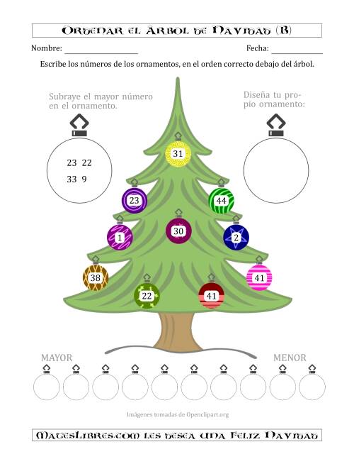 La hoja de ejercicios de Ordenar Números de 1 a 50 en un Árbol de Navidad (B)