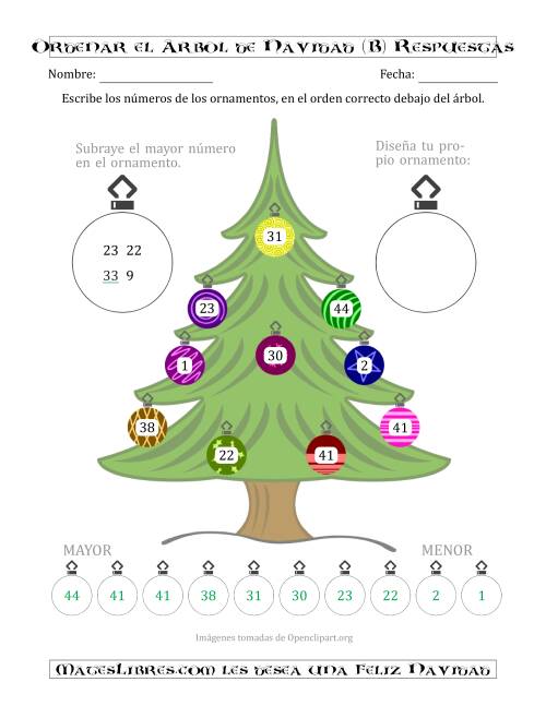 La hoja de ejercicios de Ordenar Números de 1 a 50 en un Árbol de Navidad (B) Página 2