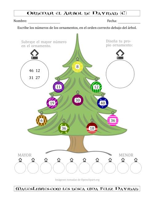 La hoja de ejercicios de Ordenar Números de 1 a 50 en un Árbol de Navidad (C)