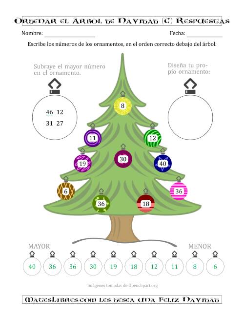 La hoja de ejercicios de Ordenar Números de 1 a 50 en un Árbol de Navidad (C) Página 2