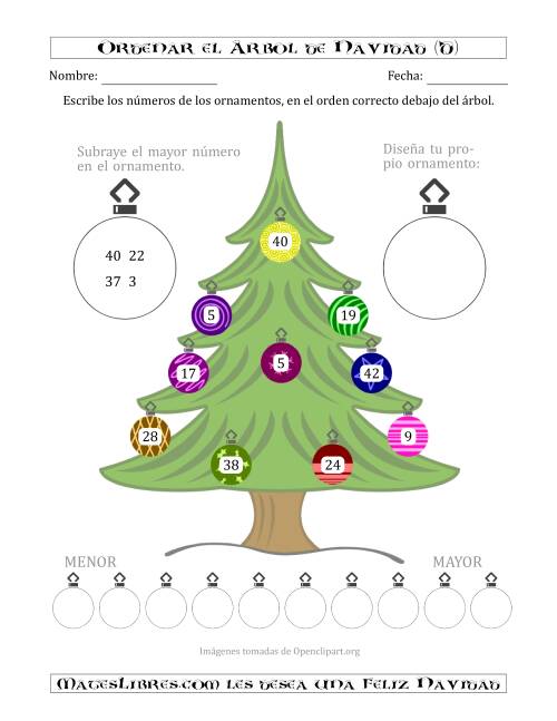 La hoja de ejercicios de Ordenar Números de 1 a 50 en un Árbol de Navidad (D)