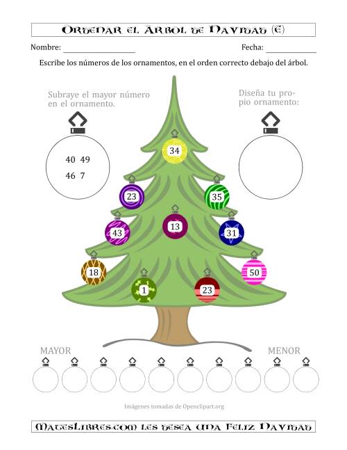 La hoja de ejercicios de Ordenar Números de 1 a 50 en un Árbol de Navidad (E)