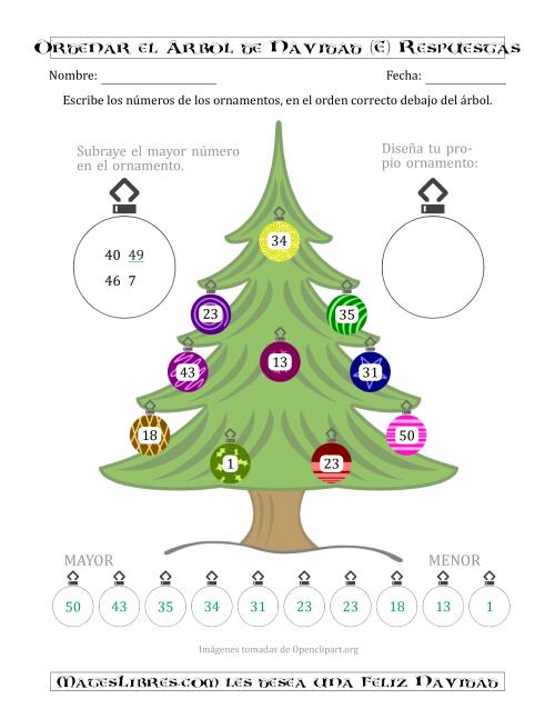 La hoja de ejercicios de Ordenar Números de 1 a 50 en un Árbol de Navidad (E) Página 2