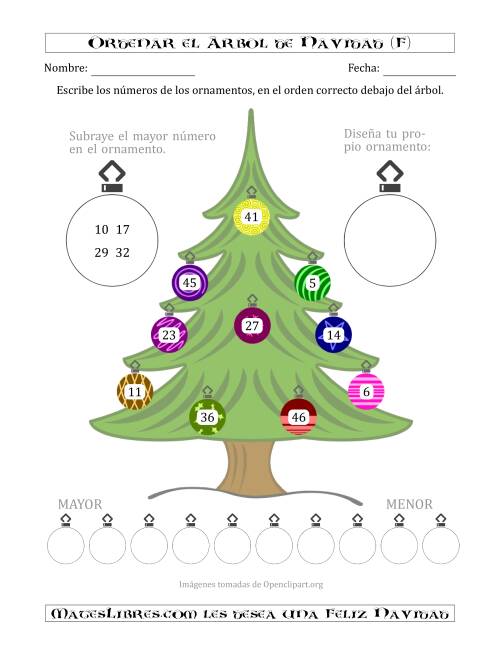 La hoja de ejercicios de Ordenar Números de 1 a 50 en un Árbol de Navidad (F)