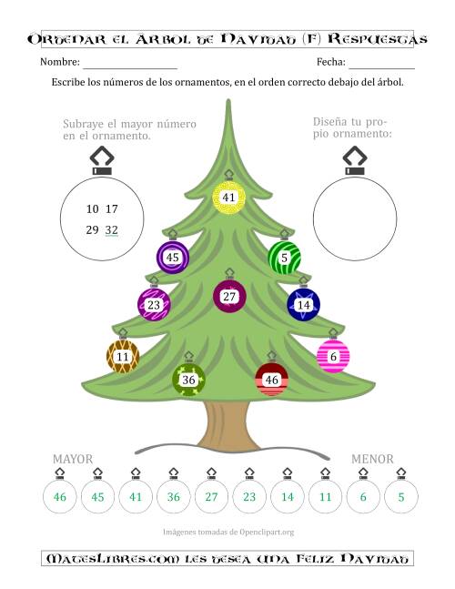 La hoja de ejercicios de Ordenar Números de 1 a 50 en un Árbol de Navidad (F) Página 2