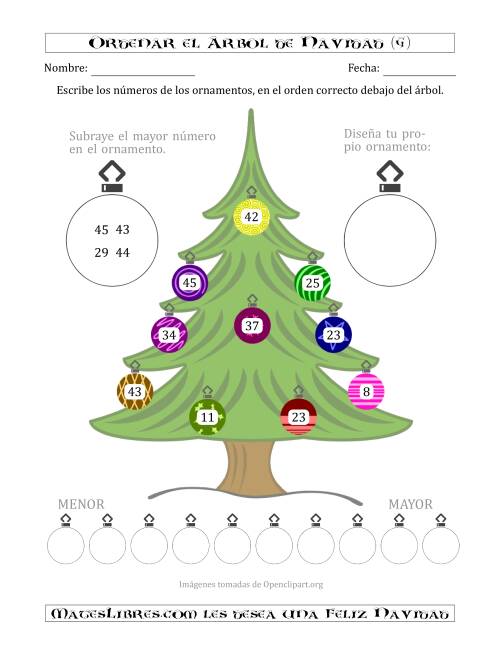 La hoja de ejercicios de Ordenar Números de 1 a 50 en un Árbol de Navidad (G)