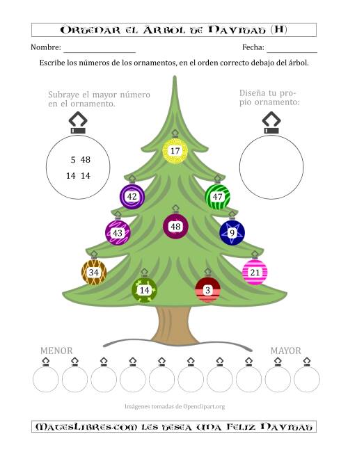 La hoja de ejercicios de Ordenar Números de 1 a 50 en un Árbol de Navidad (H)