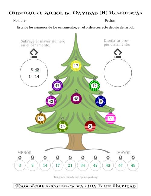 La hoja de ejercicios de Ordenar Números de 1 a 50 en un Árbol de Navidad (H) Página 2