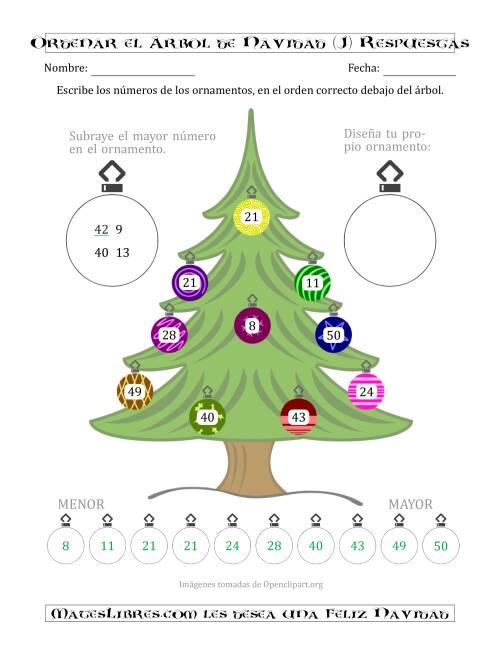 La hoja de ejercicios de Ordenar Números de 1 a 50 en un Árbol de Navidad (J) Página 2