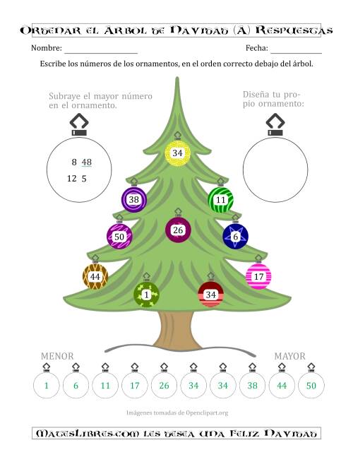 La hoja de ejercicios de Ordenar Números de 1 a 50 en un Árbol de Navidad (Todas) Página 2