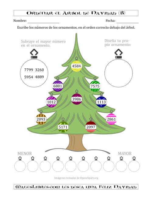 La hoja de ejercicios de Ordenar Números de 1000 a 9999 en un Árbol de Navidad (B)