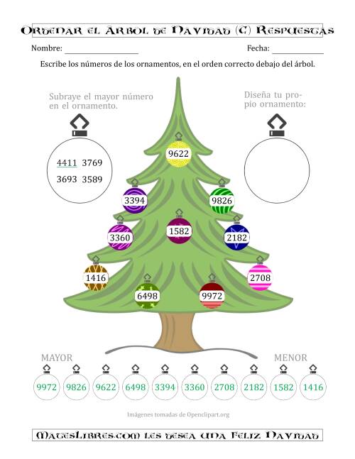 La hoja de ejercicios de Ordenar Números de 1000 a 9999 en un Árbol de Navidad (C) Página 2