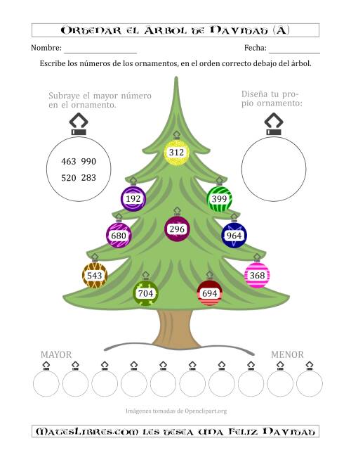 La hoja de ejercicios de Ordenar Números de 100 a 999 en un Árbol de Navidad (A)