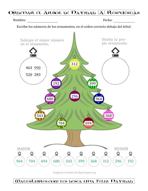La hoja de ejercicios de Ordenar Números de 100 a 999 en un Árbol de Navidad (A) Página 2