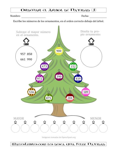 La hoja de ejercicios de Ordenar Números de 100 a 999 en un Árbol de Navidad (J)