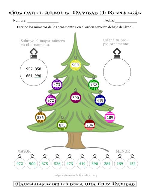 La hoja de ejercicios de Ordenar Números de 100 a 999 en un Árbol de Navidad (J) Página 2