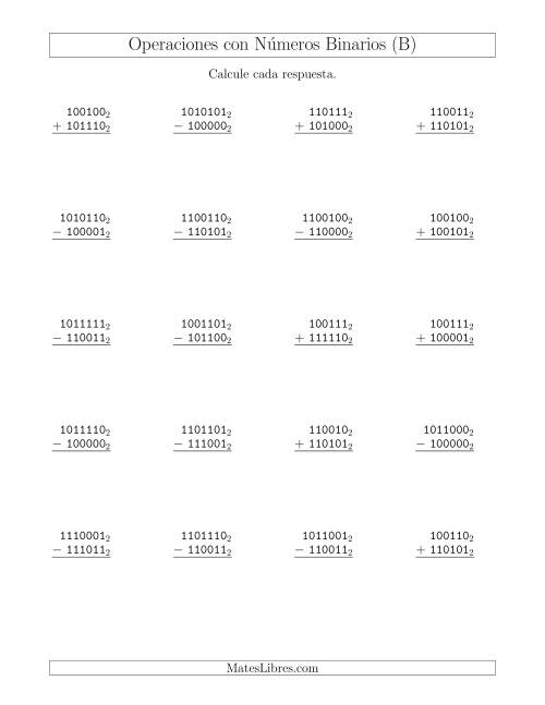 La hoja de ejercicios de Suma y Resta con Números Binarios (Base 2) (B)