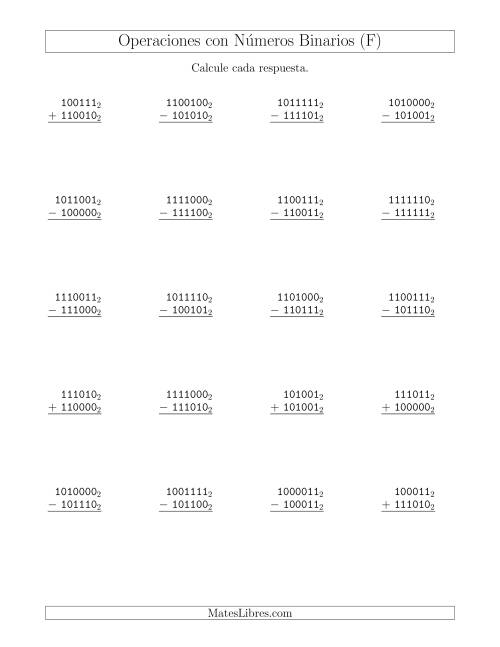 La hoja de ejercicios de Suma y Resta con Números Binarios (Base 2) (F)