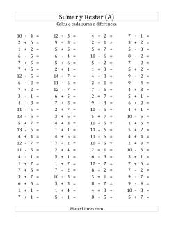 100 Preguntas Horizontales de Suma y Resta (de 1 a 7)