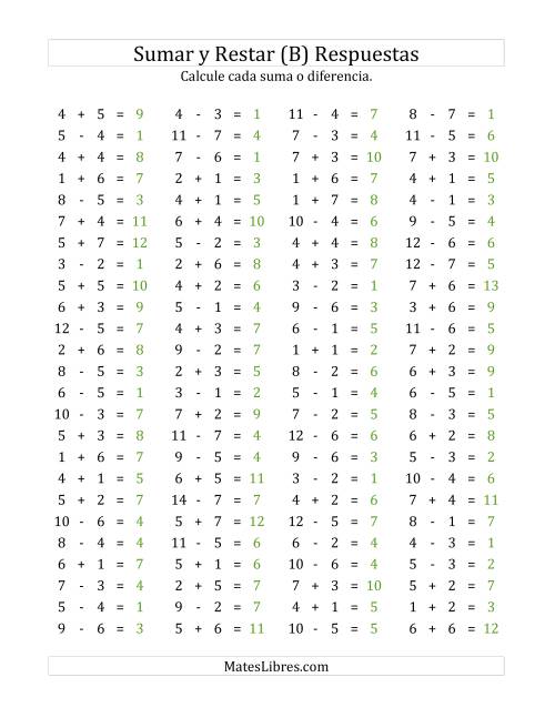 La hoja de ejercicios de 100 Preguntas Horizontales de Suma y Resta (de 1 a 7) (B) Página 2