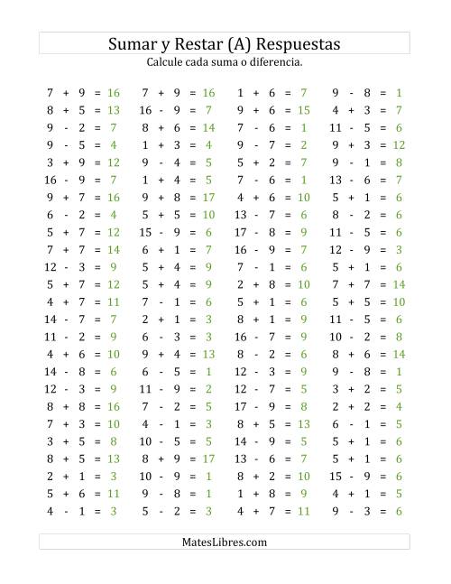 La hoja de ejercicios de 100 Preguntas Horizontales de Suma y Resta (de 1 a 9) (A) Página 2