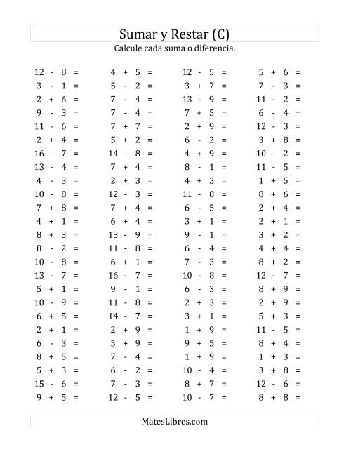 La hoja de ejercicios de 100 Preguntas Horizontales de Suma y Resta (de 1 a 9) (C)