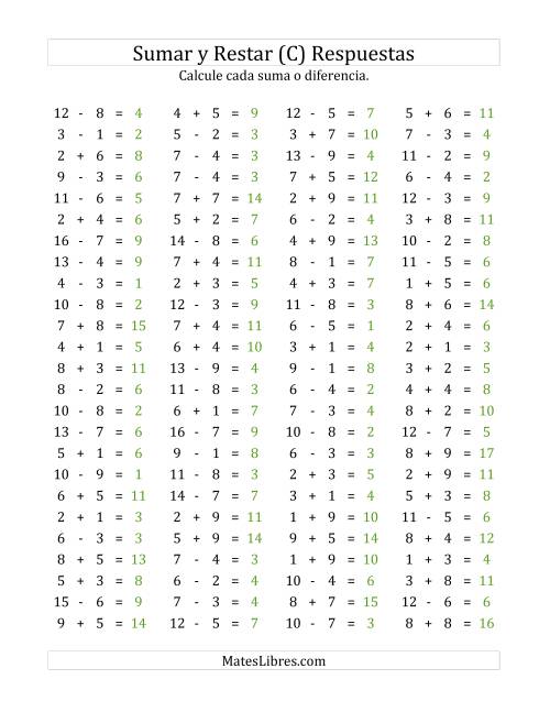 La hoja de ejercicios de 100 Preguntas Horizontales de Suma y Resta (de 1 a 9) (C) Página 2
