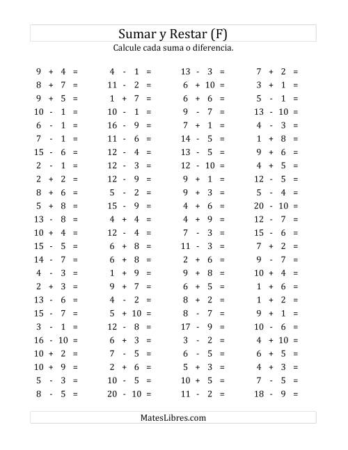 La hoja de ejercicios de 100 Preguntas Horizontales de Suma y Resta (de 1 a 10) (F)