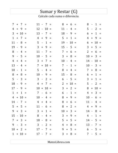 La hoja de ejercicios de 100 Preguntas Horizontales de Suma y Resta (de 1 a 10) (G)