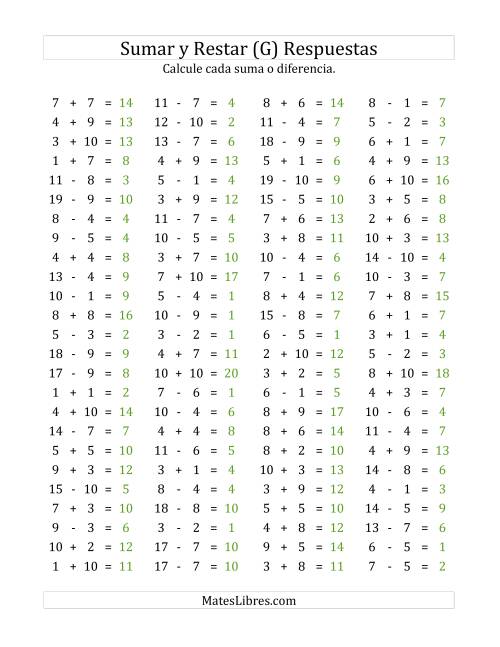 La hoja de ejercicios de 100 Preguntas Horizontales de Suma y Resta (de 1 a 10) (G) Página 2