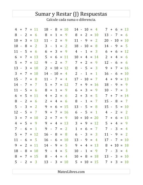 La hoja de ejercicios de 100 Preguntas Horizontales de Suma y Resta (de 1 a 10) (J) Página 2