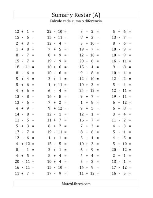 La hoja de ejercicios de 100 Preguntas Horizontales de Suma y Resta (de 1 a 12) (Todas)