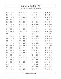 100 Preguntas Horizontales de Suma y Resta (de 1 a 15)