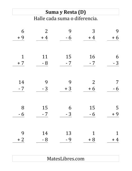 La hoja de ejercicios de 25 Ejercicios de Suma y Resta (de 1 a 9) (D)