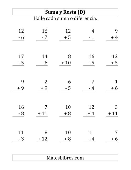 La hoja de ejercicios de 25 Ejercicios de Suma y Resta (de 1 a 12) (D)