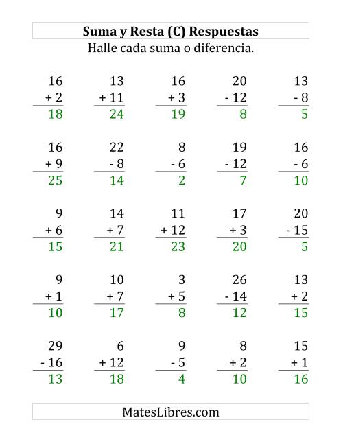 La hoja de ejercicios de 25 Ejercicios de Suma y Resta (de 1 a 20) (C) Página 2