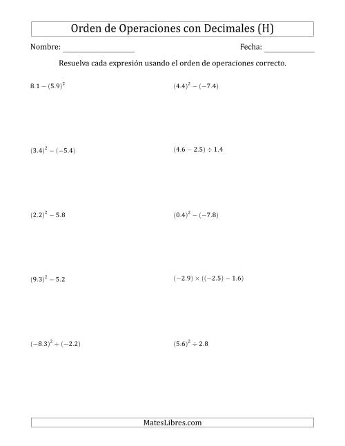 La hoja de ejercicios de Orden de Operaciones con Decimales Positivos y Negativos (Dos Pasos) (H)