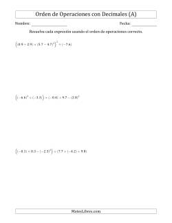 Orden de Operaciones con Decimales Positivos y Negativos (Seis Pasos)