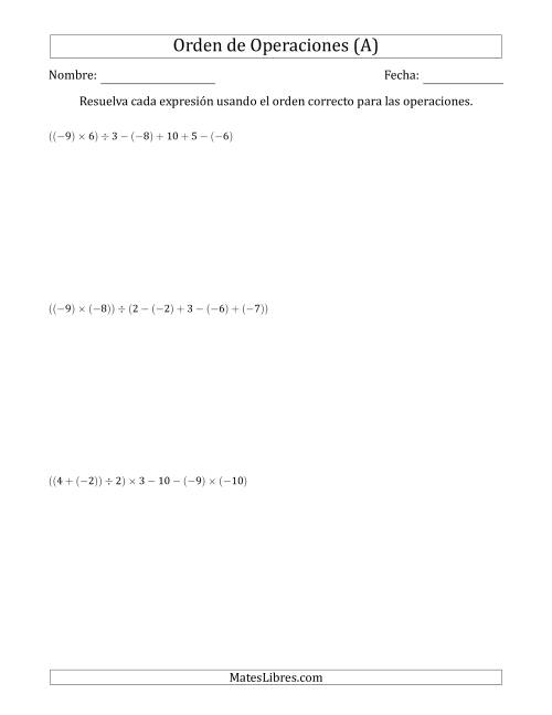 La hoja de ejercicios de Orden de Operaciones con Enteros Positivos y Negativos sin Exponentes (Dos Pasos) (A)