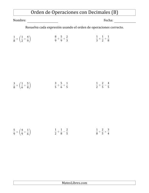 La hoja de ejercicios de Orden de Operaciones con Fracciones Positivas sin Exponentes (Dos Pasos) (B)