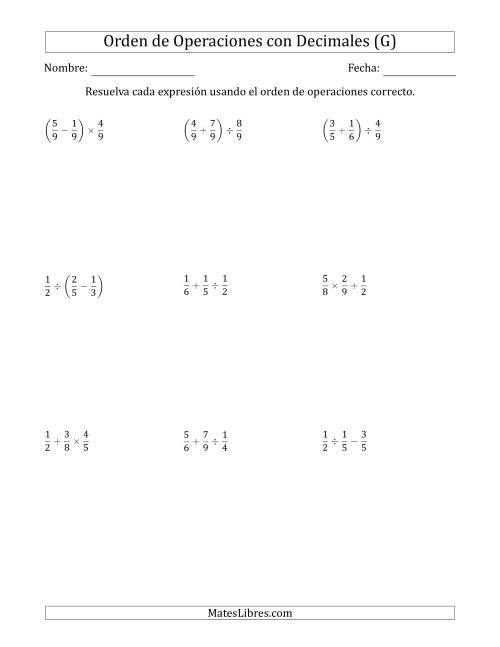 La hoja de ejercicios de Orden de Operaciones con Fracciones Positivas sin Exponentes (Dos Pasos) (G)