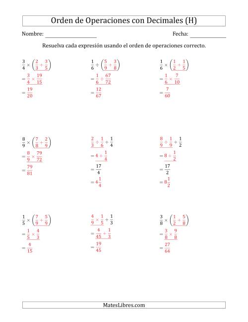 La hoja de ejercicios de Orden de Operaciones con Fracciones Positivas sin Exponentes (Dos Pasos) (H) Página 2