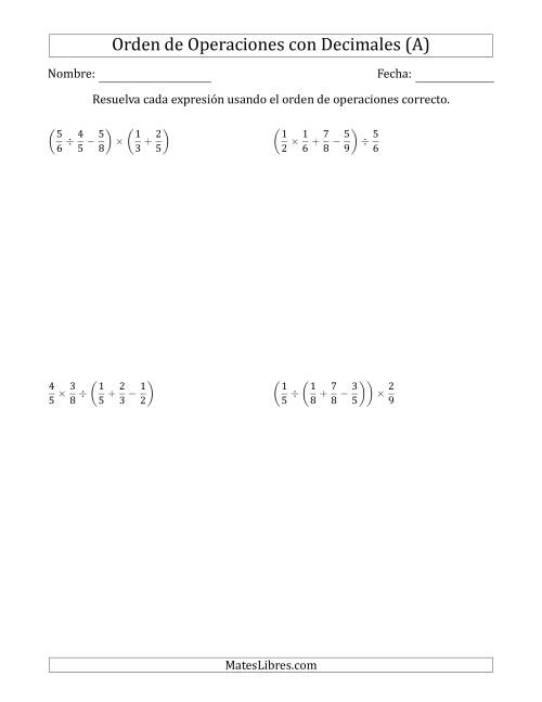 La hoja de ejercicios de Orden de Operaciones con Fracciones Positivas sin Exponentes (Cuatro Pasos) (A)
