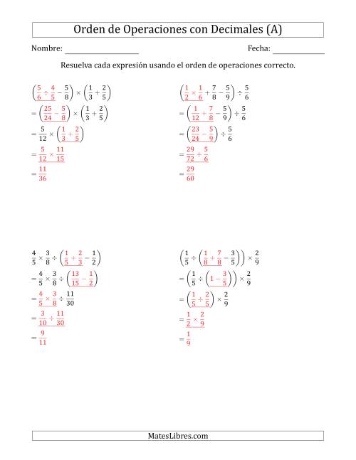 La hoja de ejercicios de Orden de Operaciones con Fracciones Positivas sin Exponentes (Cuatro Pasos) (A) Página 2