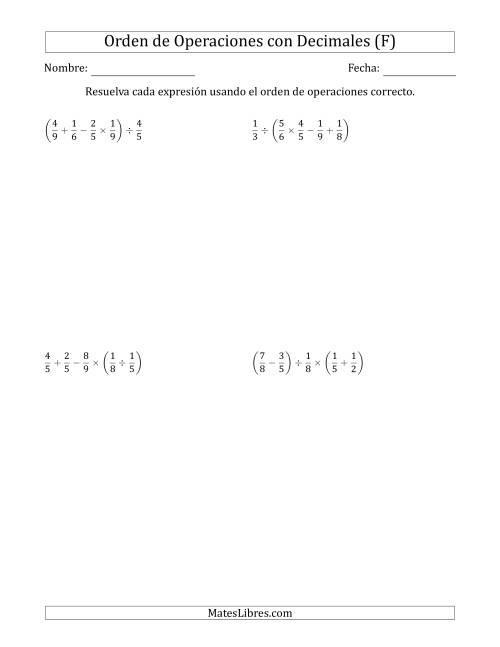 La hoja de ejercicios de Orden de Operaciones con Fracciones Positivas sin Exponentes (Cuatro Pasos) (F)