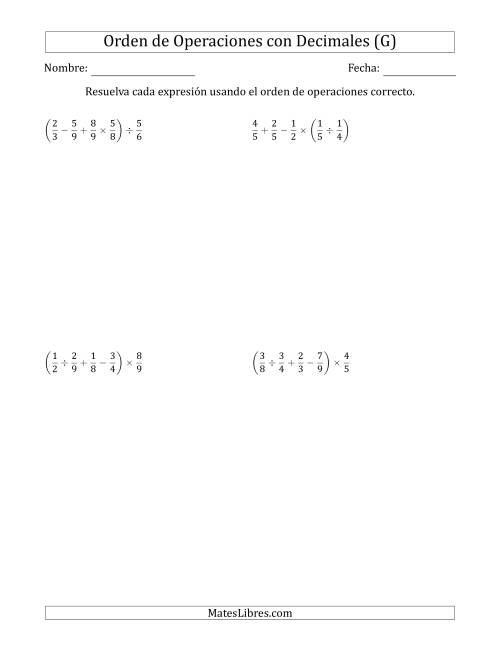 La hoja de ejercicios de Orden de Operaciones con Fracciones Positivas sin Exponentes (Cuatro Pasos) (G)