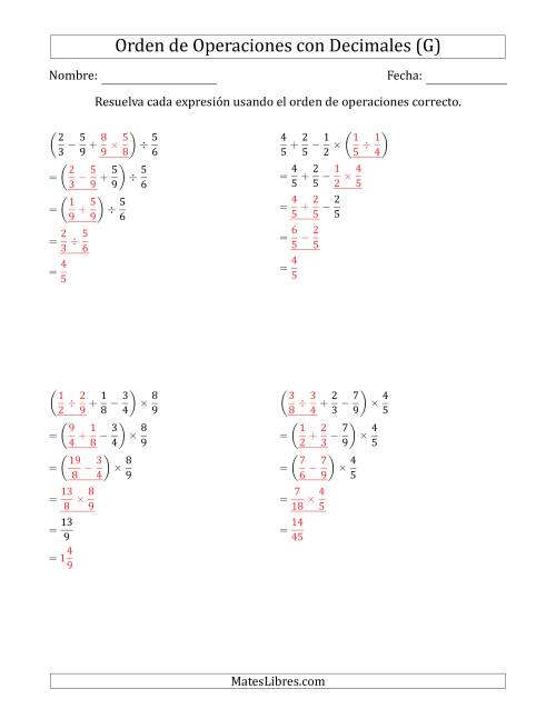 La hoja de ejercicios de Orden de Operaciones con Fracciones Positivas sin Exponentes (Cuatro Pasos) (G) Página 2