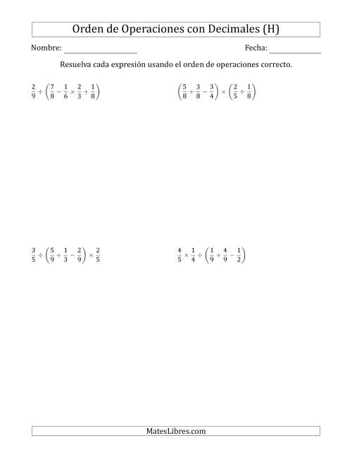 La hoja de ejercicios de Orden de Operaciones con Fracciones Positivas sin Exponentes (Cuatro Pasos) (H)